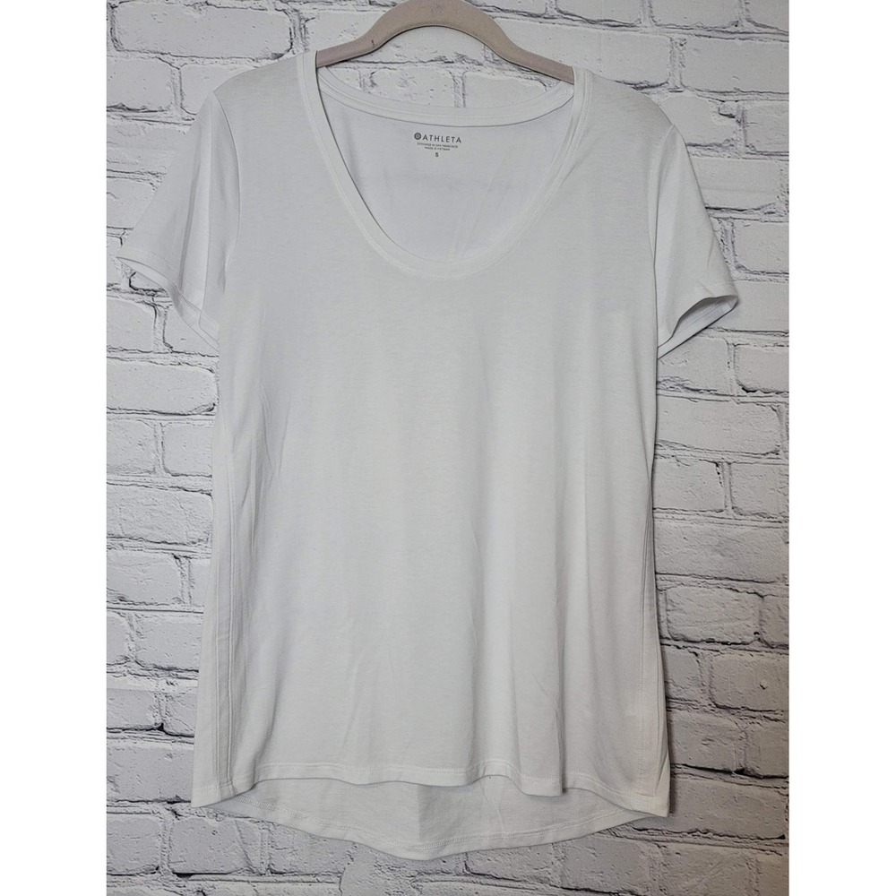 Athleta Womens White Scoop Neck Short Sleeve Relaxed Fit Tee Shirt S Sporty Yoga